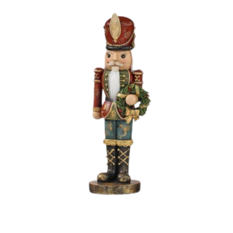 12-inch resin antique nutcracker in red and green uniform holding a Christmas wreath.