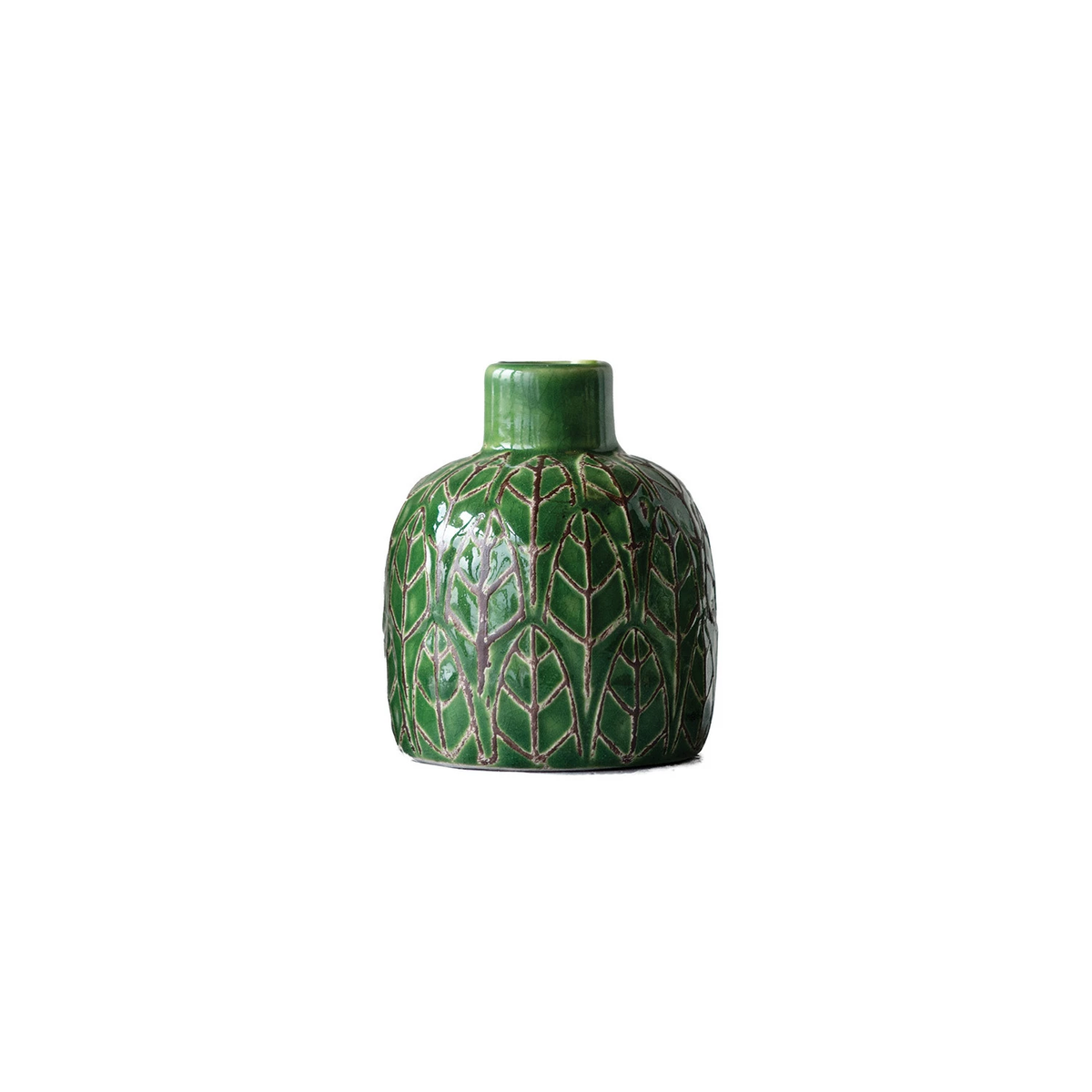 Embossed stoneware vase with a textured surface in neutral tones.