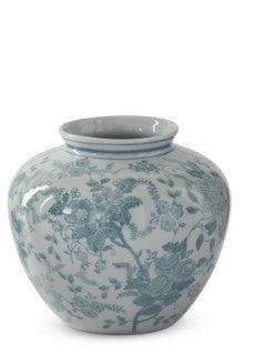 Teal and white porcelain chinoiserie vase with a floral pattern and rounded shape.