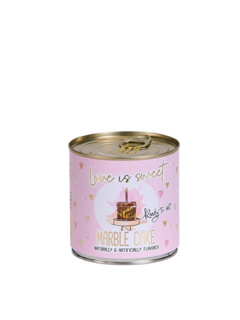 Pink Cancake tin with 'Love is sweet' text, marble cake illustration, and gold hearts.
