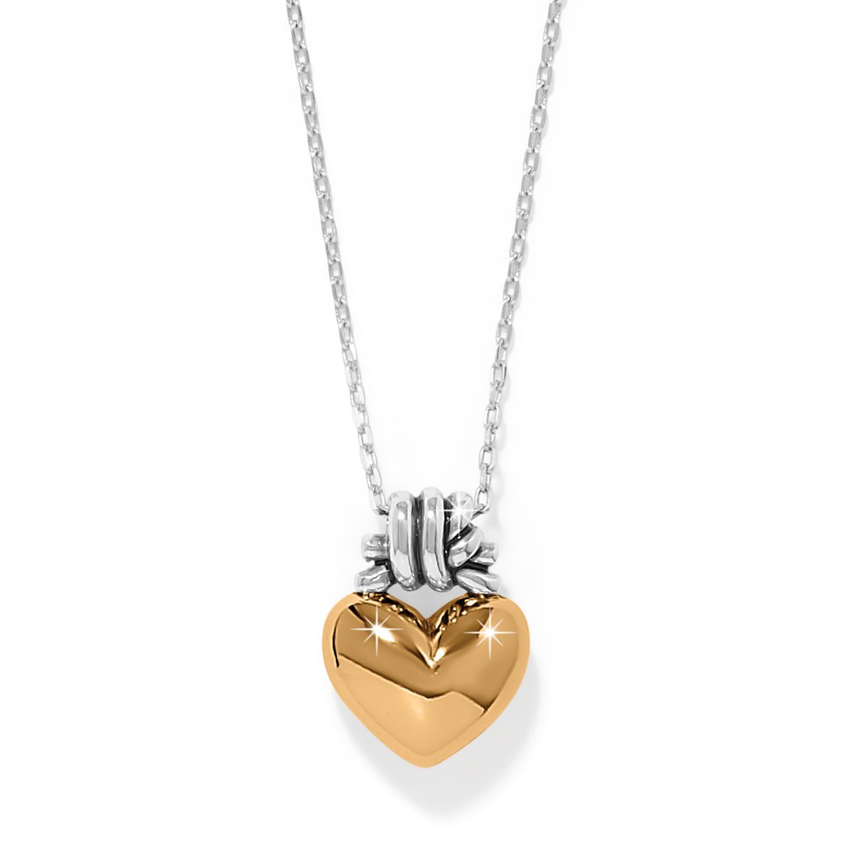 Silver-gold two-tone adjustable heart necklace with love knot pendant on a lobster claw clasp.