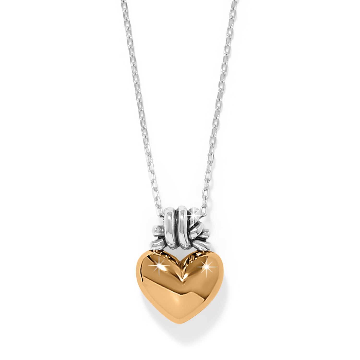 Silver-gold two-tone adjustable heart necklace with love knot pendant on a lobster claw clasp.