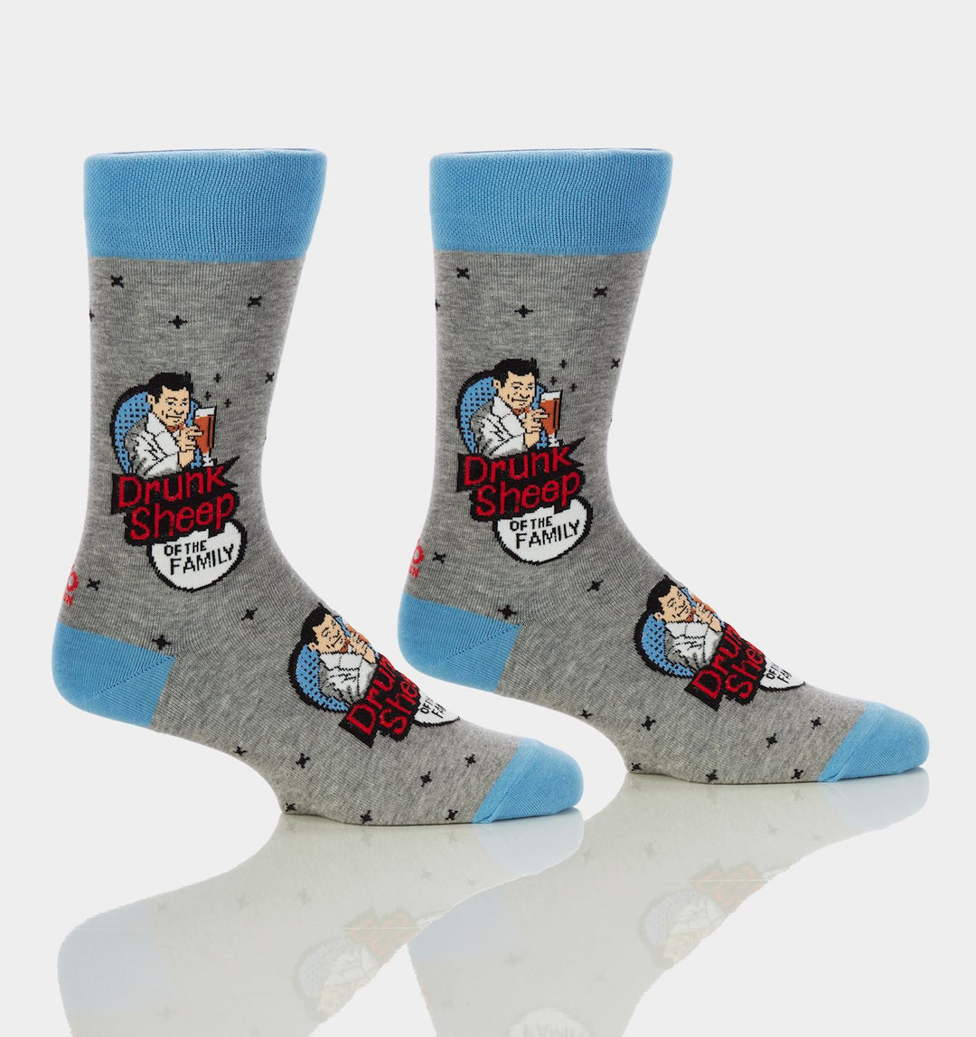 Men's grey crew socks with blue trim featuring a man holding a beer and 'Drunk Sheep' text.