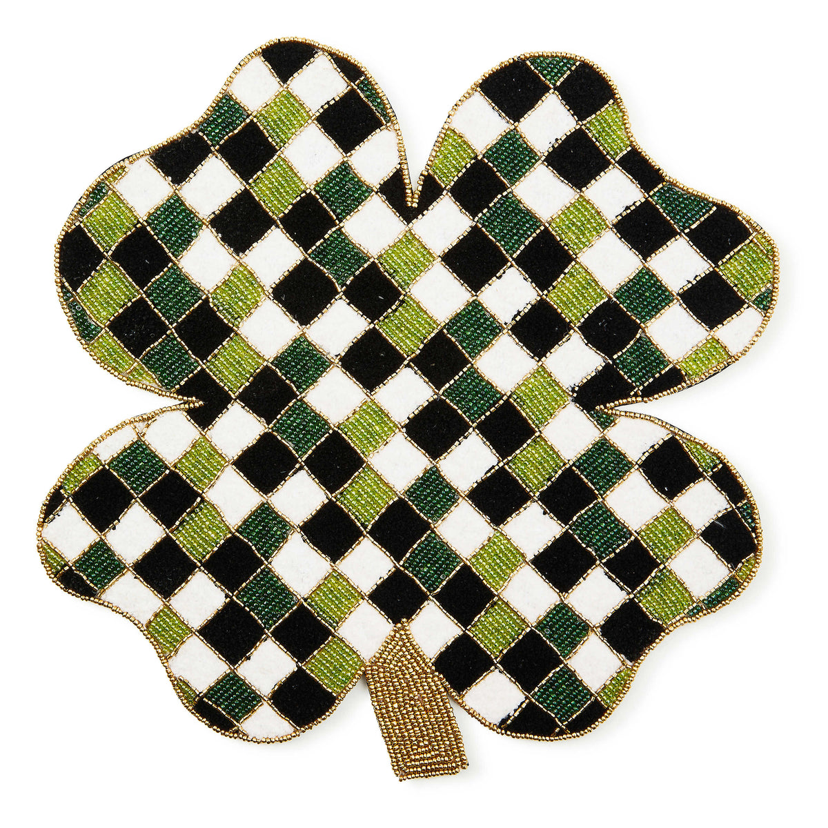 Beaded four-leaf clover placemat with a black, white, and green checkered pattern and gold border.