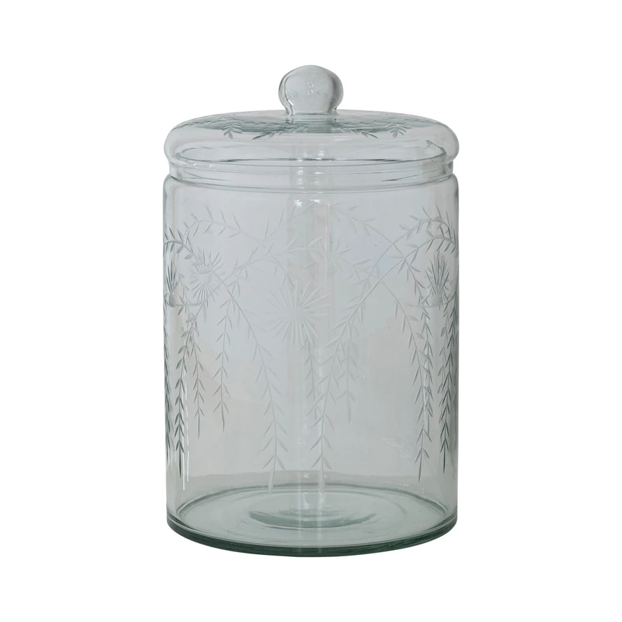 7.25 Quart Hand-Blown Glass Jar with Etched Botanicals & Lid
