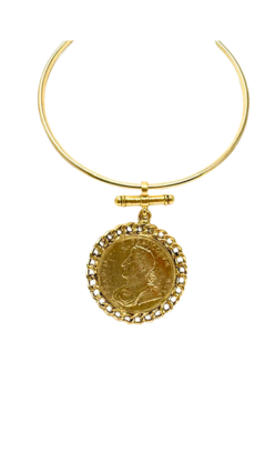 Gold Denarius Necklace featuring a round coin pendant with a profile portrait on a rigid collar.