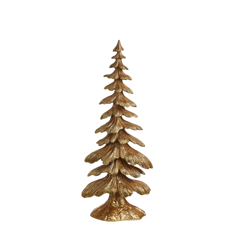 Gold textured resin layered evergreen tree tabletop statue with a rustic silhouette.