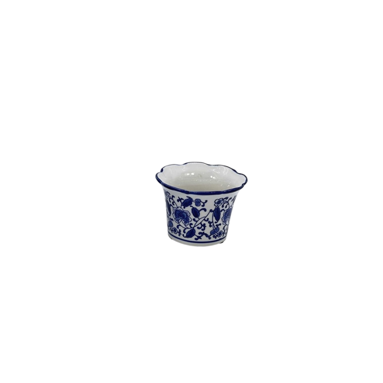 Blue and white floral ceramic pot with a ruffled lip and intricate vine pattern.