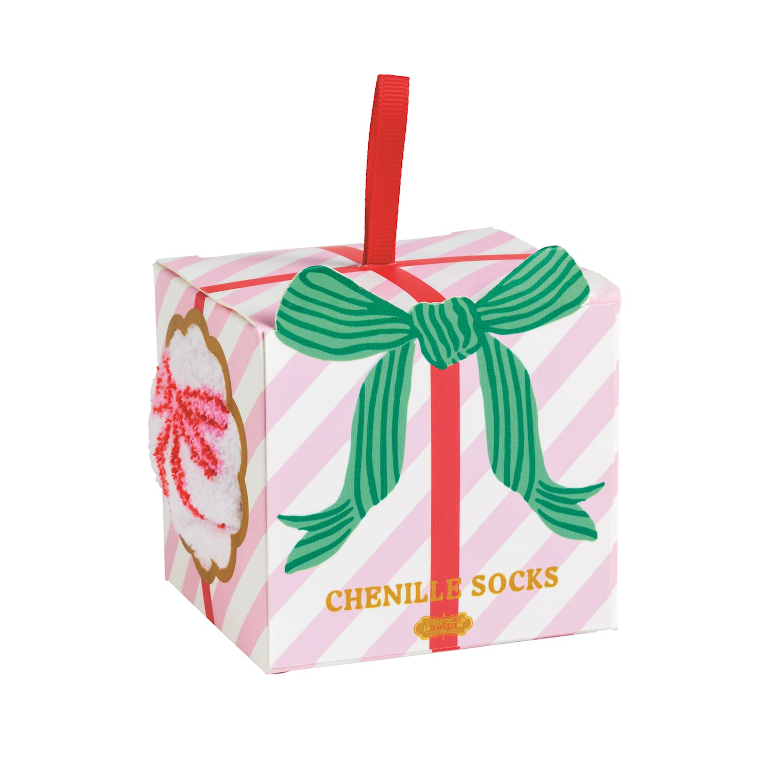 Chenille socks in a pink and white striped ornament gift box with a green bow and red ribbon.