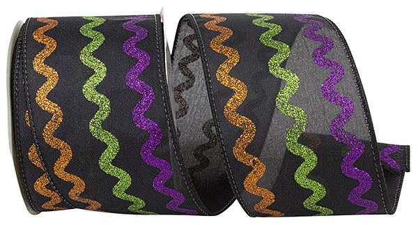 Black wired edge ribbon with orange, green, and purple glitter rick-rack wavy stripes.