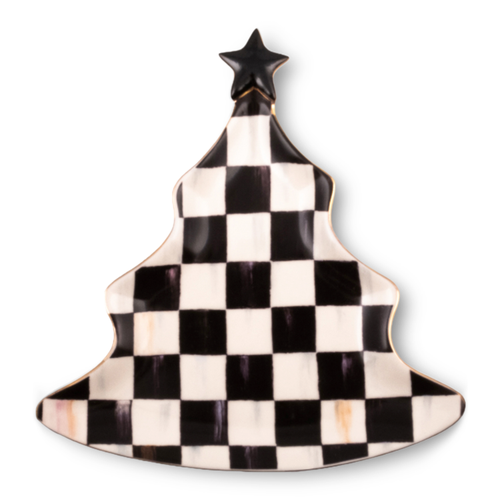 Ceramic Christmas tree-shaped trinket tray with a black and white checkerboard pattern and star top.