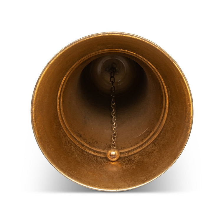 Interior view of the Carillon antique gold iron bell showing the clapper and chain.