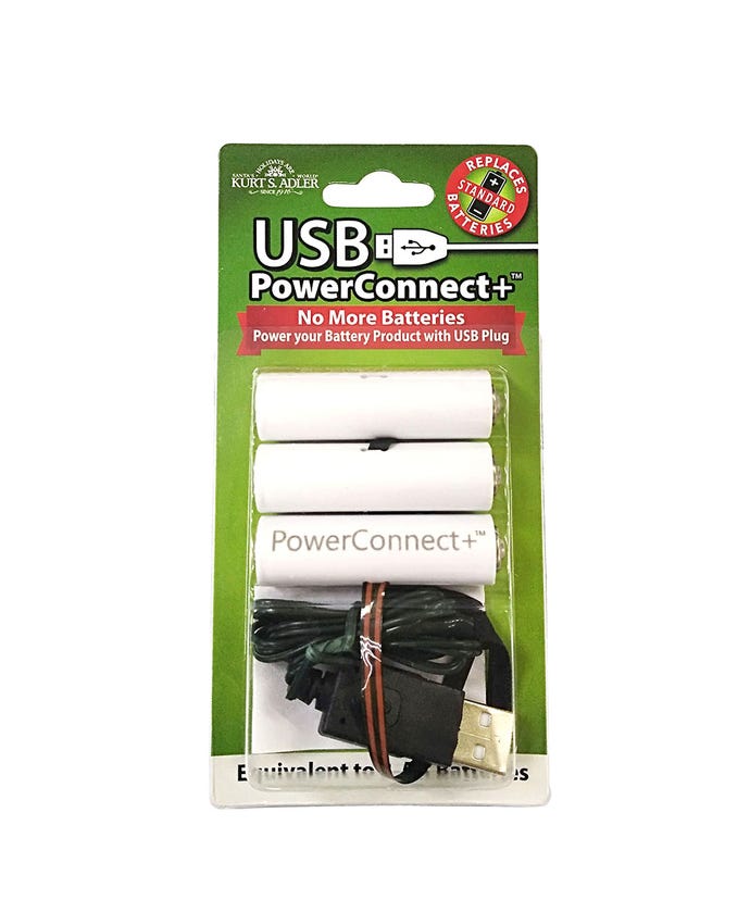 Kurt S. Adler USB PowerConnect+ 3 AA battery converter kit in green and white packaging.