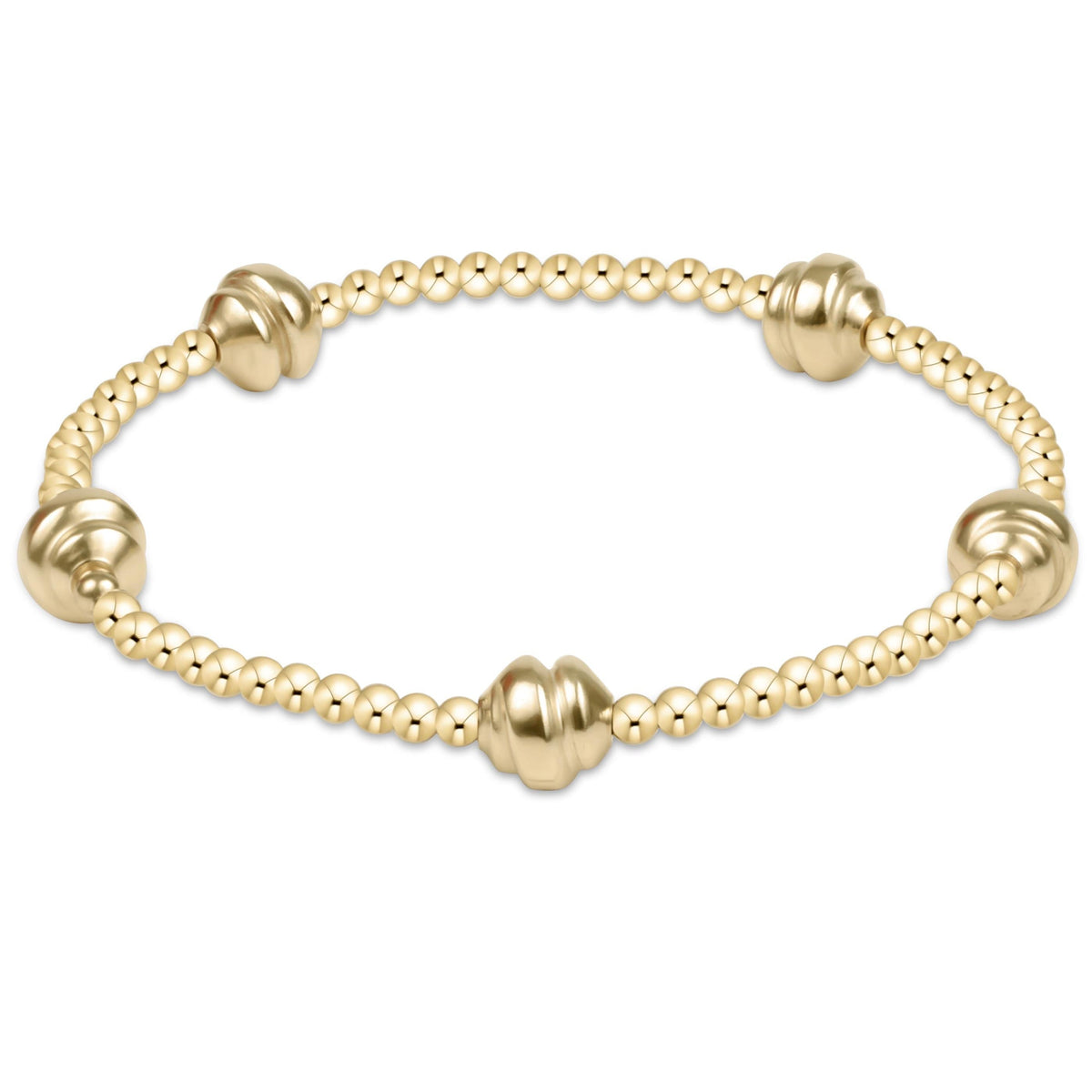 Small gold bracelet featuring hand-beaded 2.5mm gold-filled beads on stretch elastic.