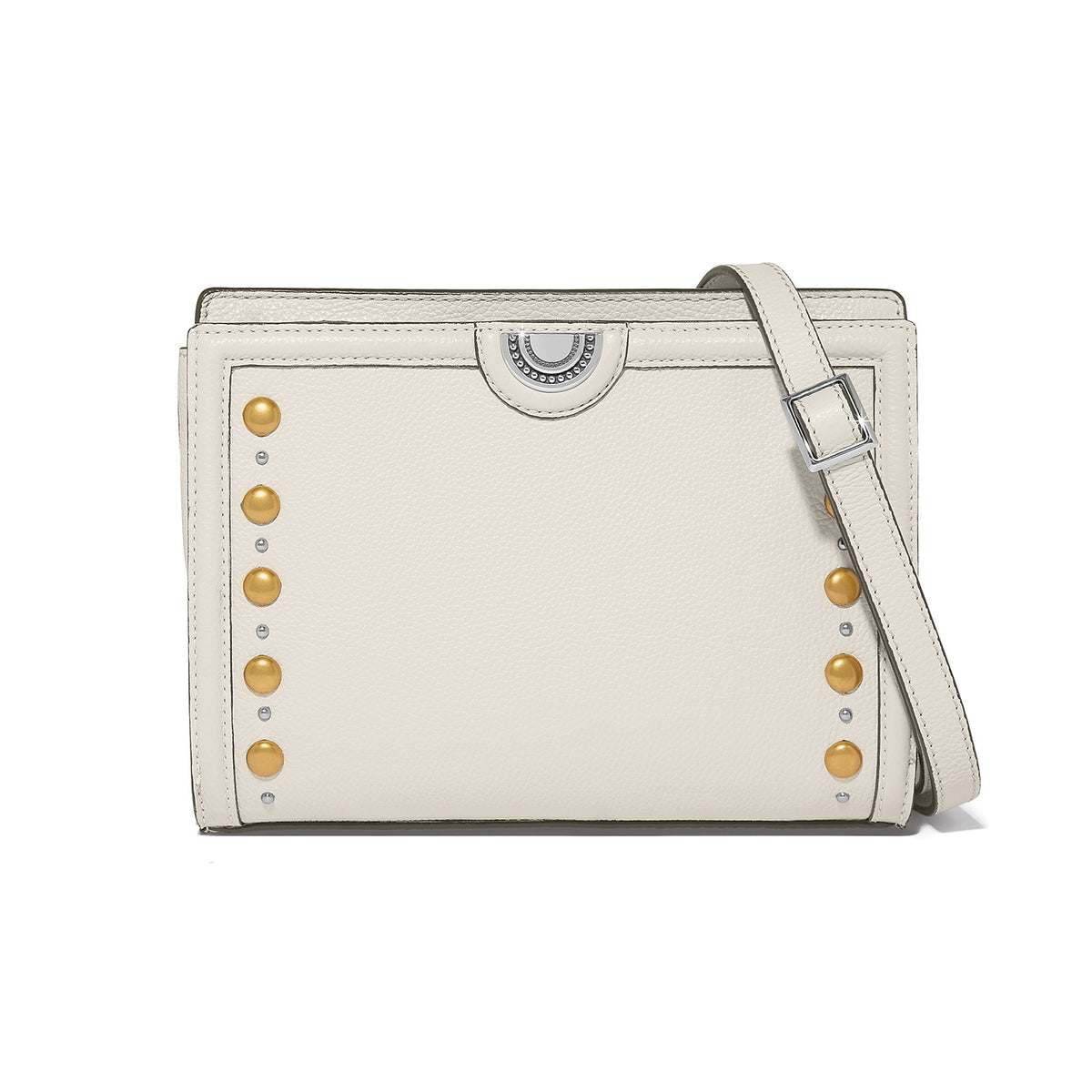 White leather Findley organizer with zip top, three interior pockets, six credit card slots, and one exterior pocket.