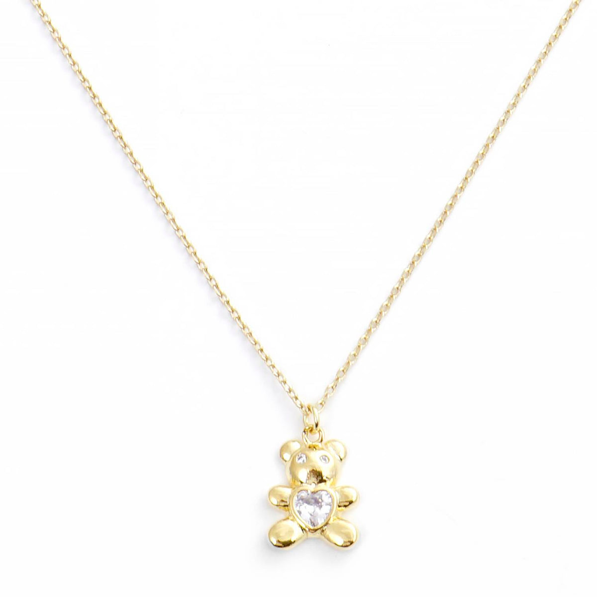 Gold rhodium dipped necklace featuring a teddy bear pendant with a heart-shaped crystal center.