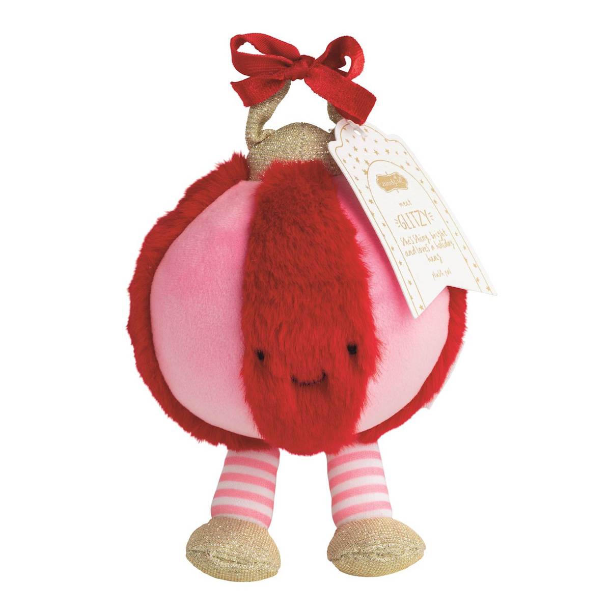 Holiday Plush Pal: A round pink and red fuzzy ornament character with striped legs and a red bow.