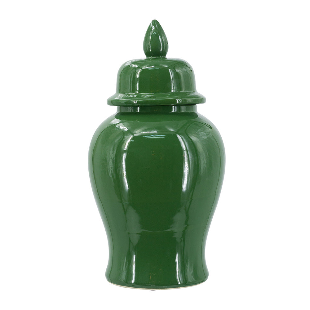 Classic ceramic ginger jar with a glossy green finish and a matching finial lid.