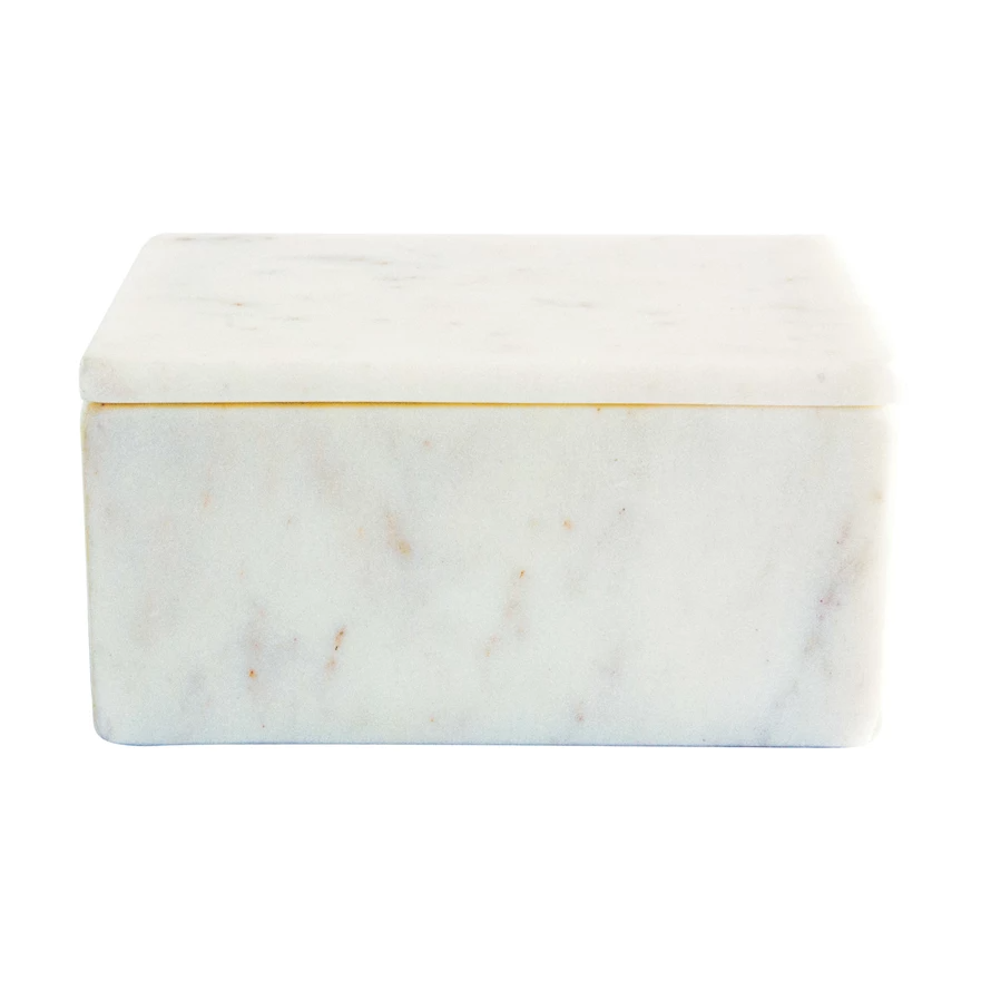 White marble storage box with lid featuring a sleek rectangular silhouette.