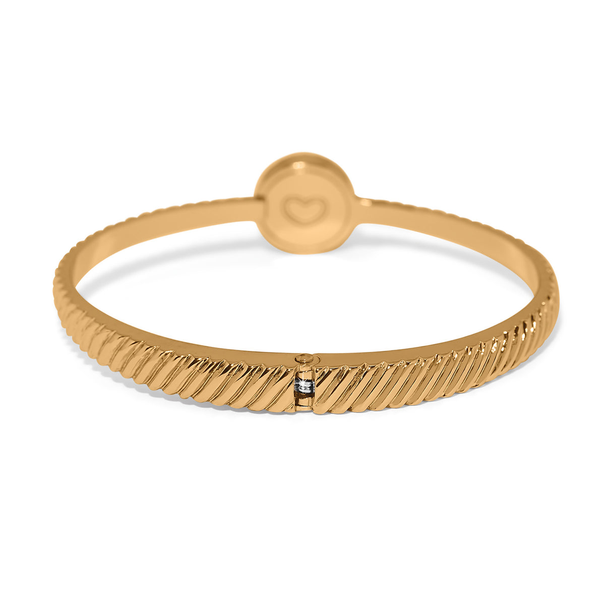 Gold plated Illumina Celeste Dome Hinged Bangle with textured diagonal ridges and crystal accent.