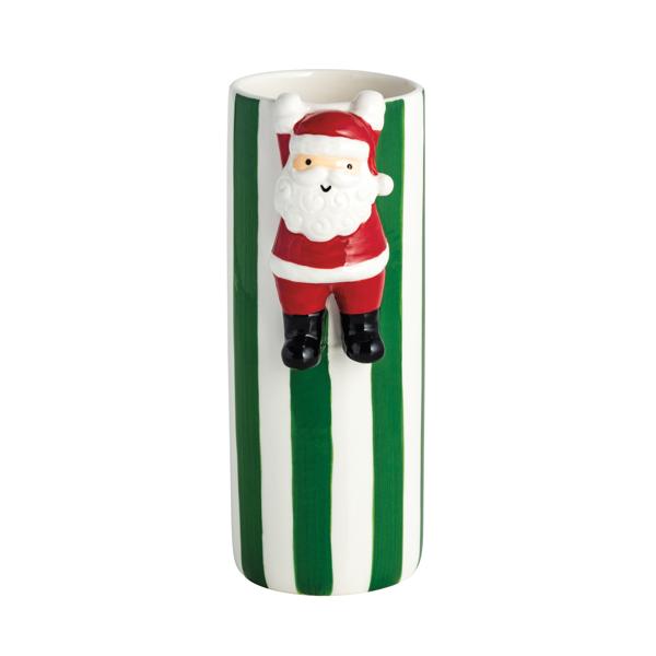 Hand-painted stoneware Bud Vase with hanging Santa attachment in festive holiday colors.