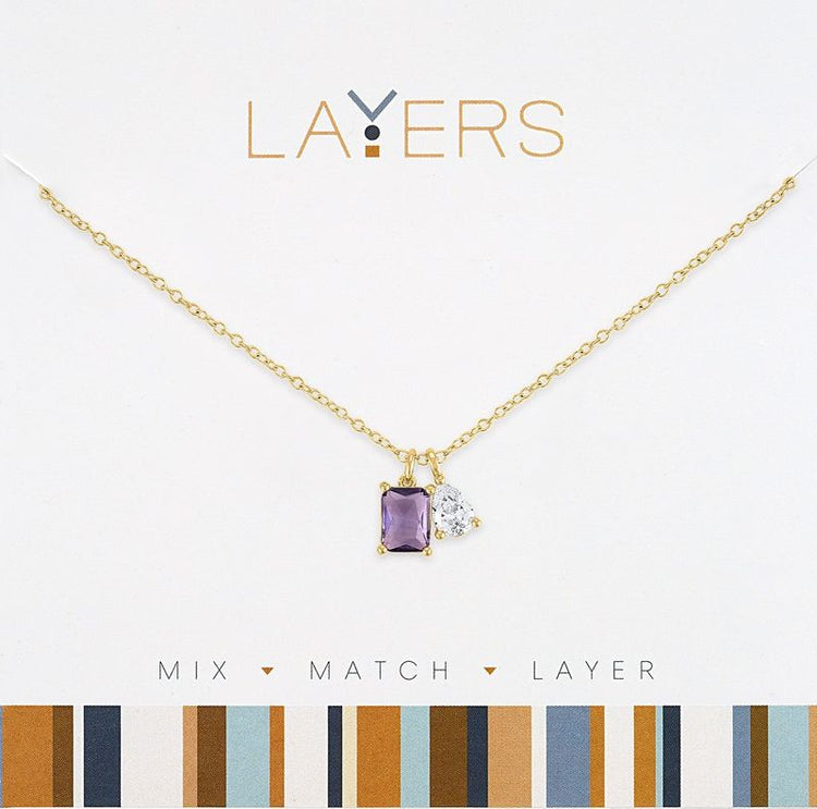 Gold layered necklace featuring an amethyst stone with a teardrop dangle pendant.