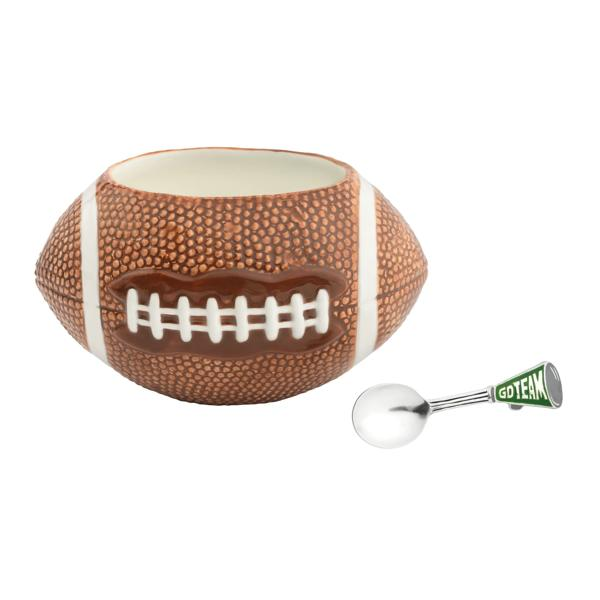 Football-shaped ceramic dip bowl with a silver spoon featuring a green 'GO TEAM' megaphone handle.