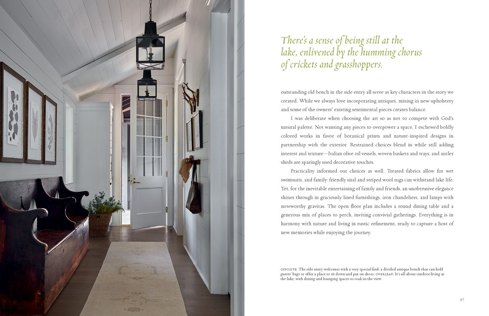 Interior design book spread showing a rustic hallway with a wooden bench and botanical art.