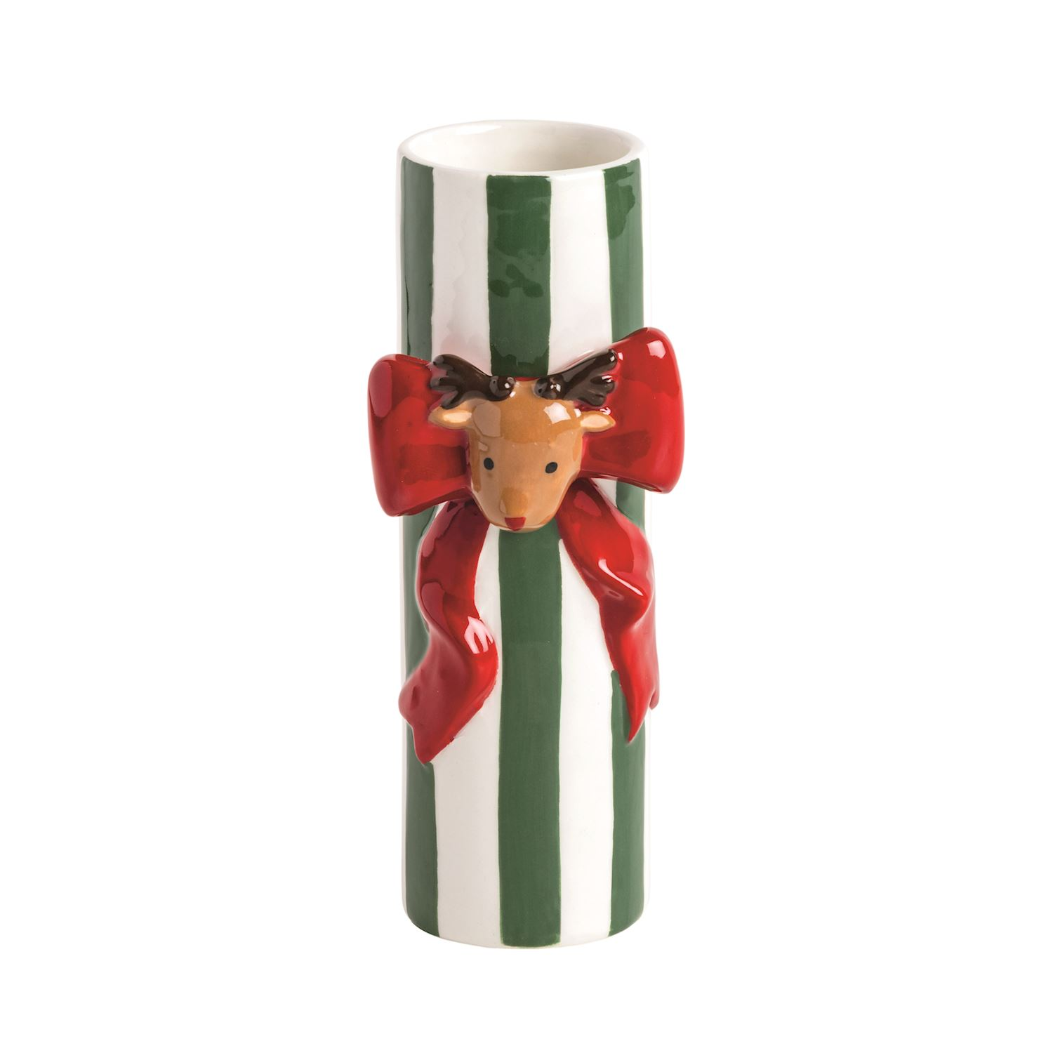 Green and white striped ceramic stem vase with a red bow and reindeer icon.