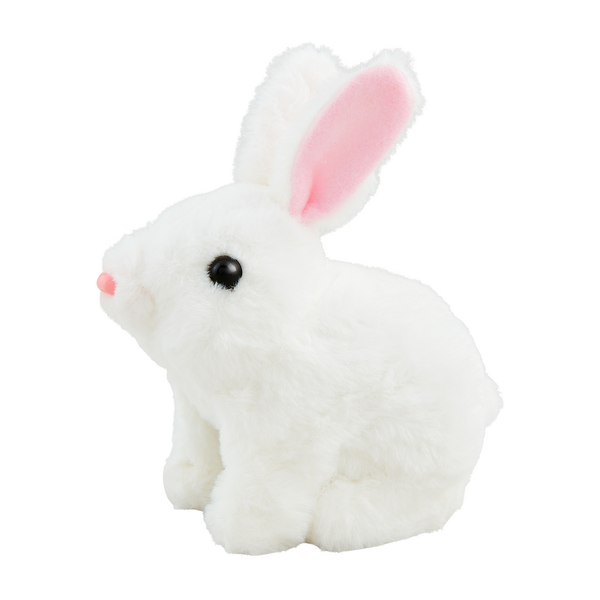 Hopping Plush Bunny toy in light brown fur with long ears and black button eyes.