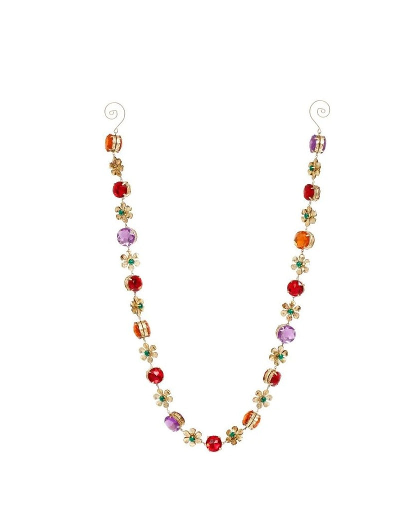 36-inch garland featuring colorful red, purple, and orange crystals with gold flower accents.