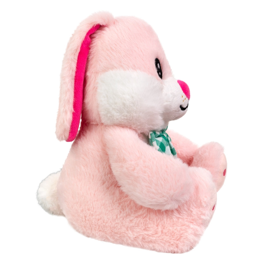 Pink plush bunny toy with white belly, green checkered scarf, and pink inner ears.