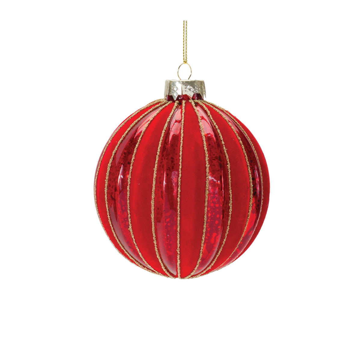 Red ribbed mercury glass ball ornament with gold glitter vertical stripes and a hanging string.