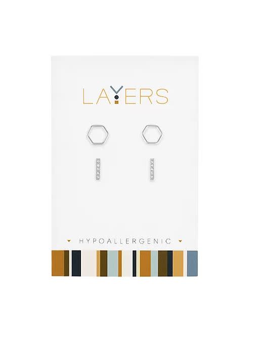 Silver Hexagon and CZ Bar Duo Pair Stud Layers Earrings on a white hypoallergenic display card.
