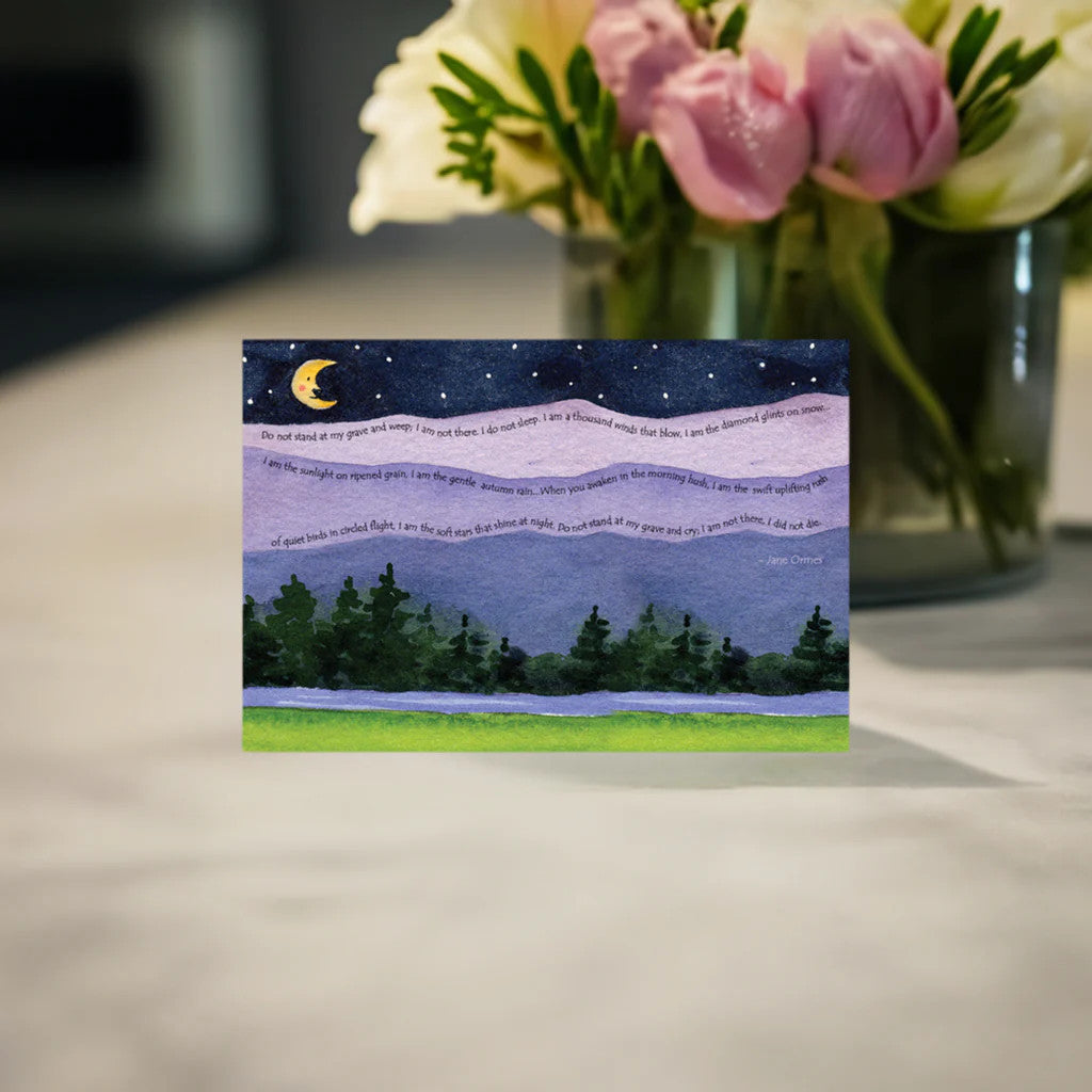 Glitter card featuring Jane Ormes poem with moon over mountains background