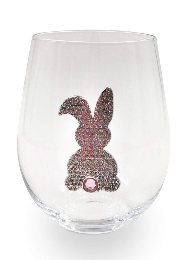 Handcrafted stemless wine glass with jeweled embellishments around the rim in clear crystal.