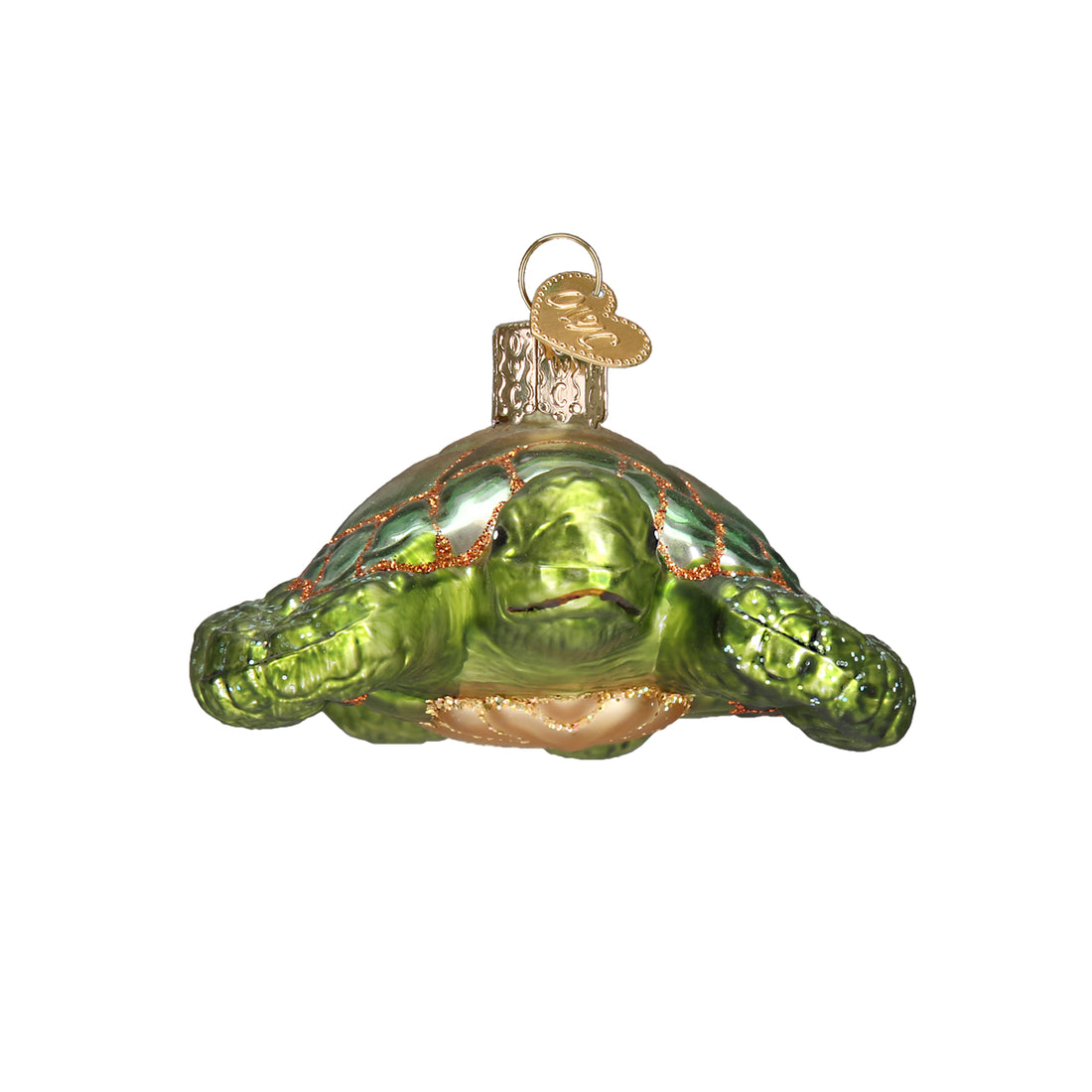 Green glass sea turtle Christmas ornament with glitter accents and a gold hanging loop.