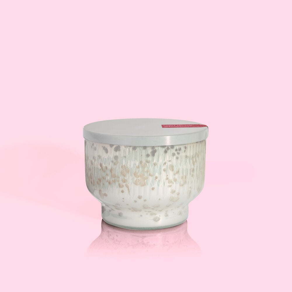 Mercury Holiday Inverted Jar candle in dark glass with a silver mercury swirl pattern and white wick.