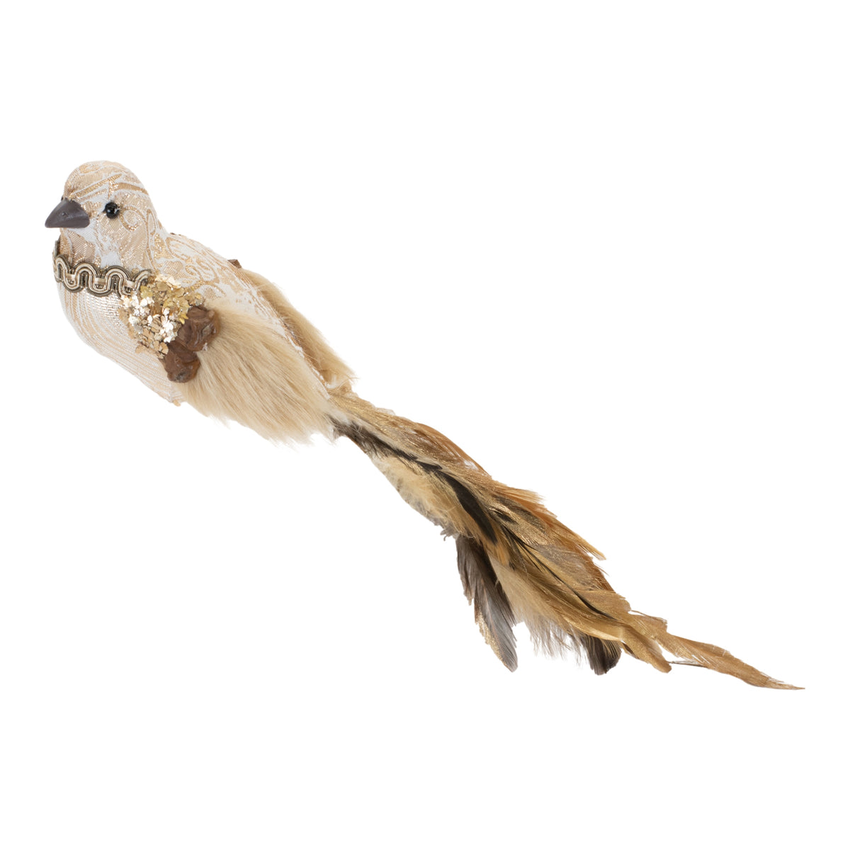 Fancy bird ornament with gold patterned fabric, sequin trim, and long brown and tan feathers.
