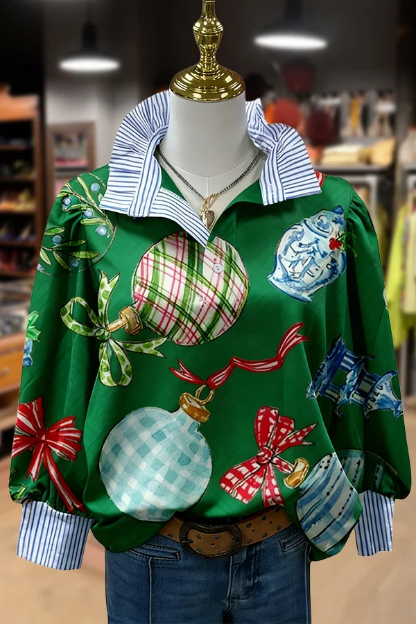 Striped polyester collar top with Christmas ornament print in a relaxed fit.