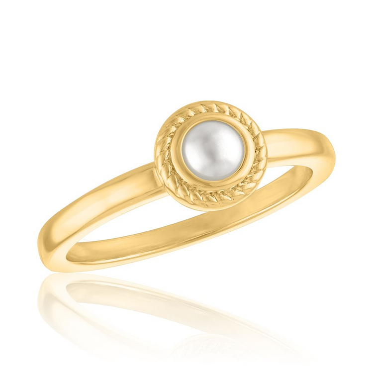 Pearl Rope Halo Gold Layers Ring featuring a white pearl center with a rope-textured gold-tone halo.
