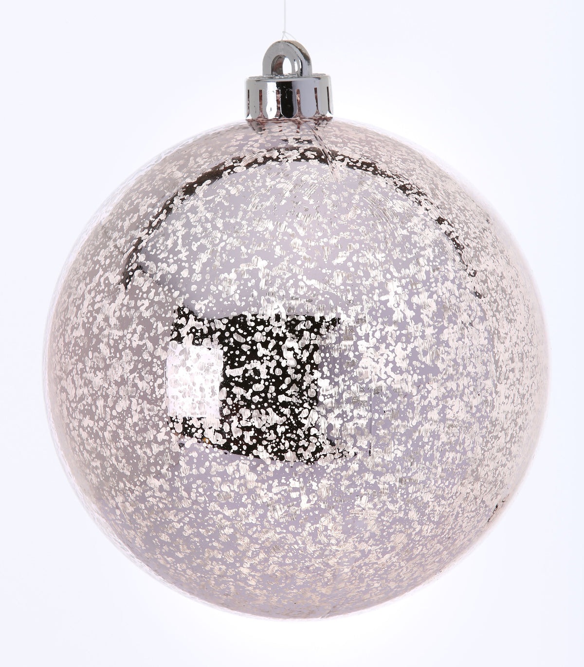 Set of four mercury glass ornaments with a reflective silver finish in spherical shape.