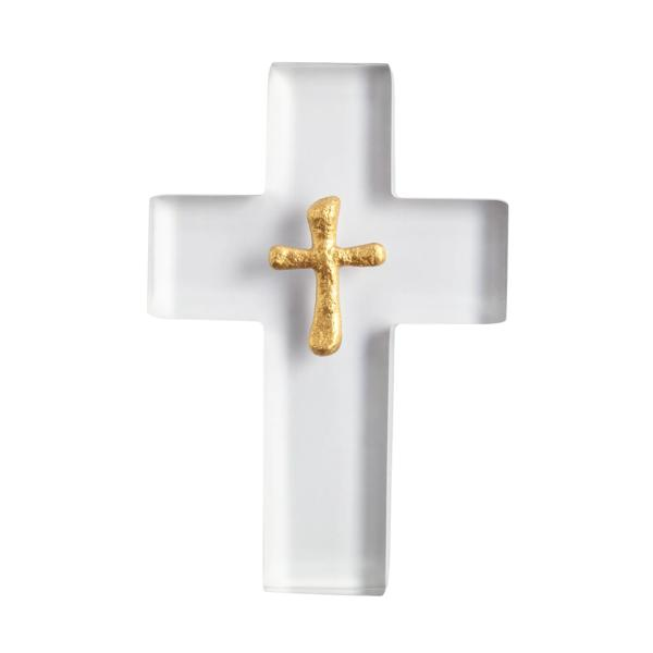 Clear resin cross featuring a small, hand-painted gold plaster icon in the center.