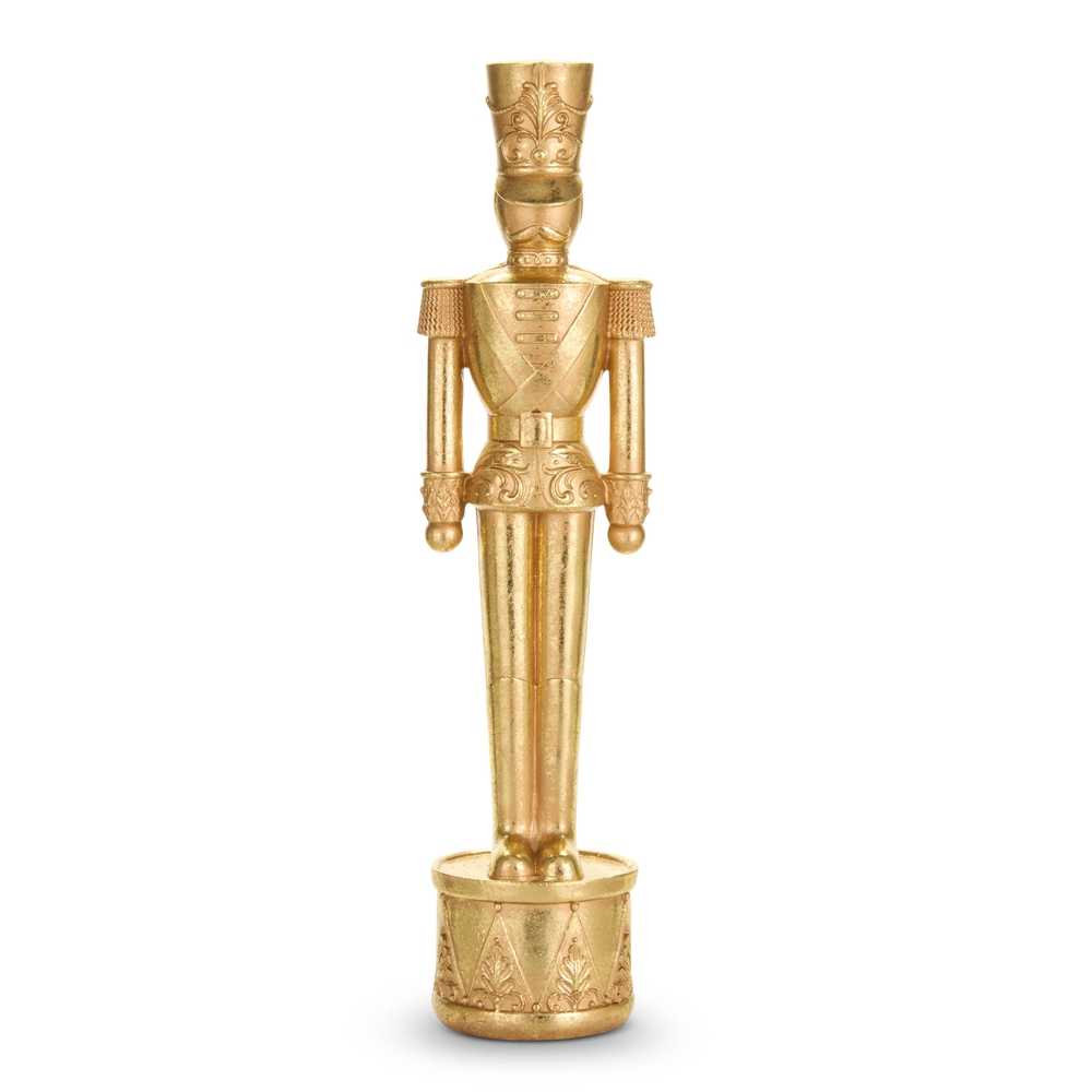 A 17.25-inch tall gilded toy soldier figurine with intricate relief detailing on a drum base.