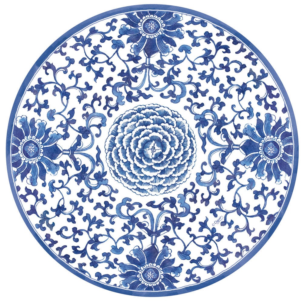Pack of indigo blue and white paper dinner plates with a garden floral pattern.
