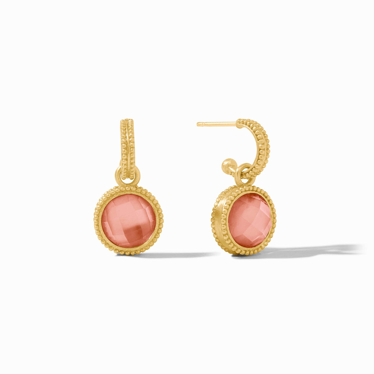Fleur-de-Lis gold hoop earrings with reversible round pink glass and mother of pearl charms.