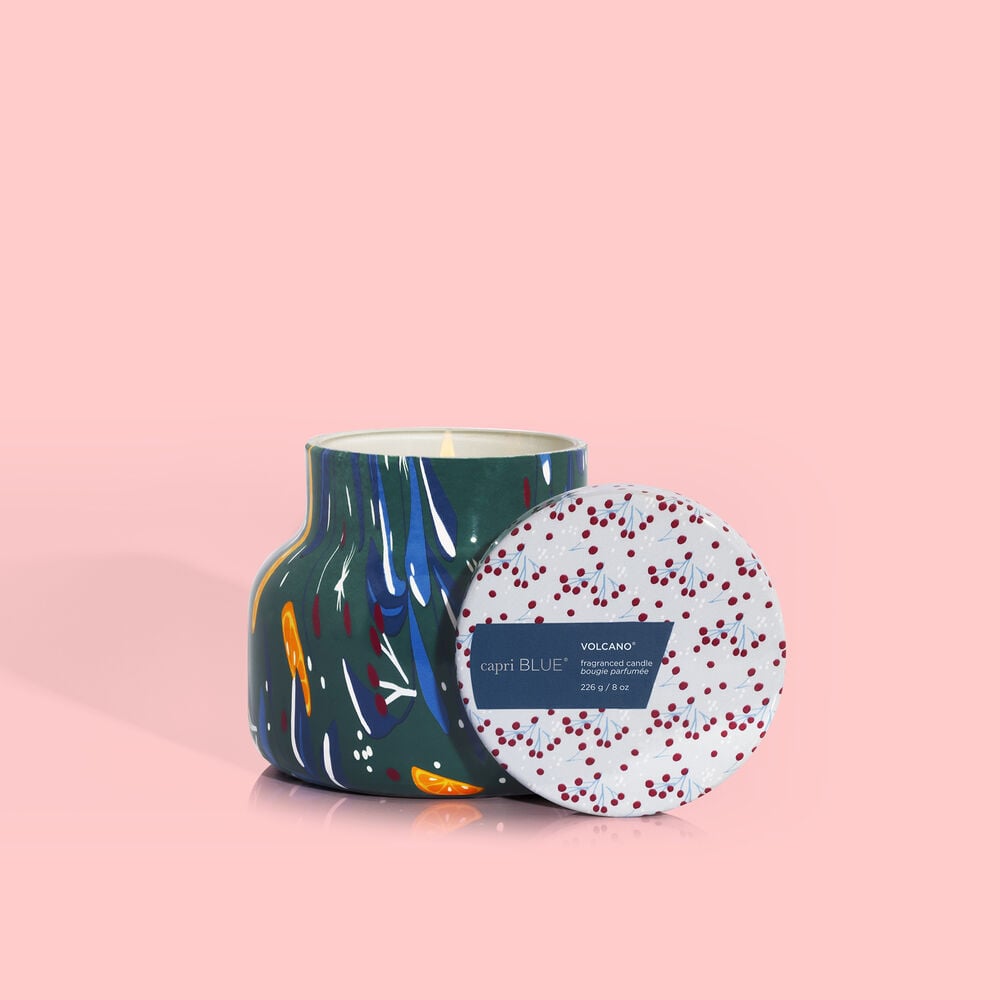 8 oz Volcano Petite Jar in Holiday Pattern with festive red and green swirls on a white ceramic surface.