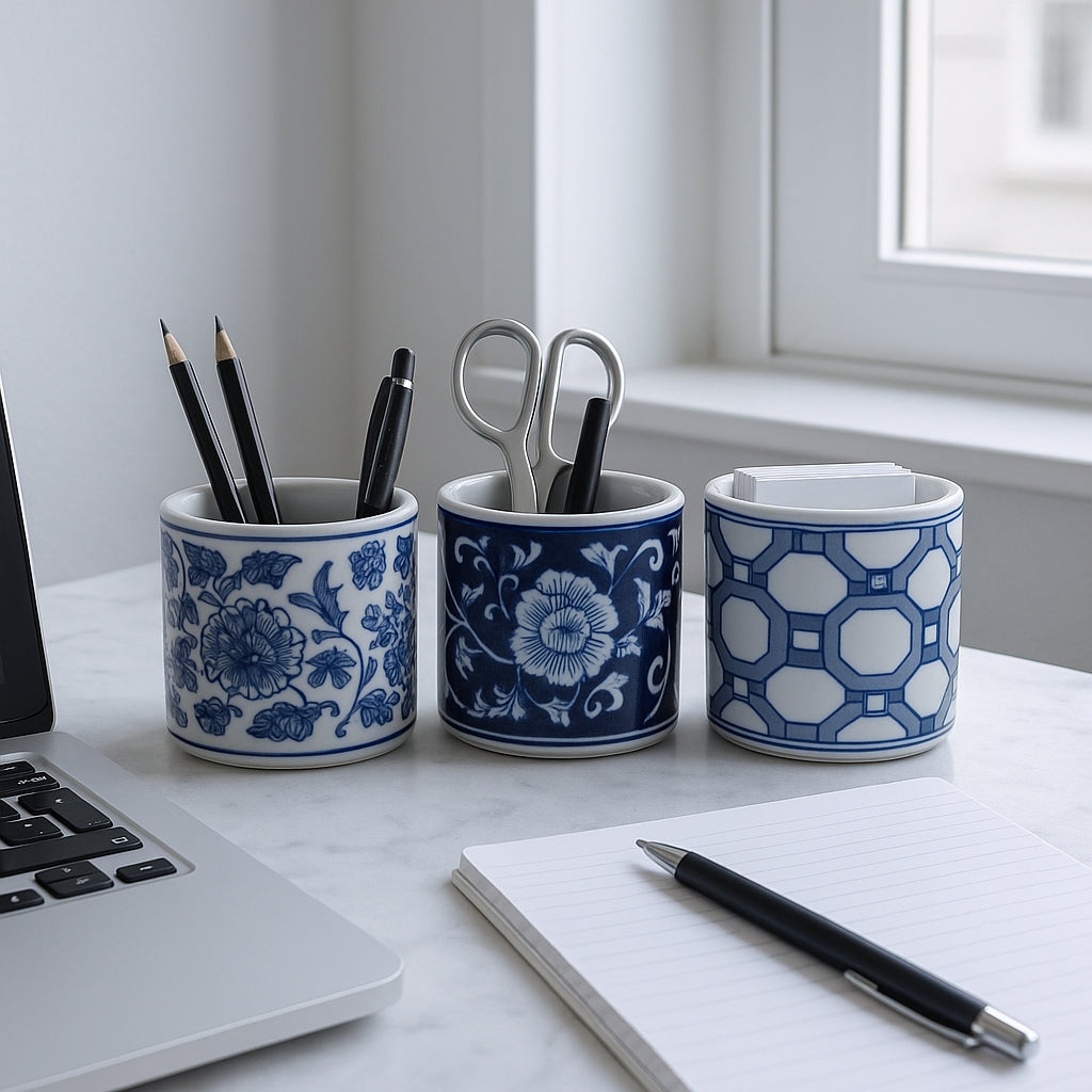 Three 4-inch blue and white ceramic chinoiserie pencil cups with floral and geometric patterns.