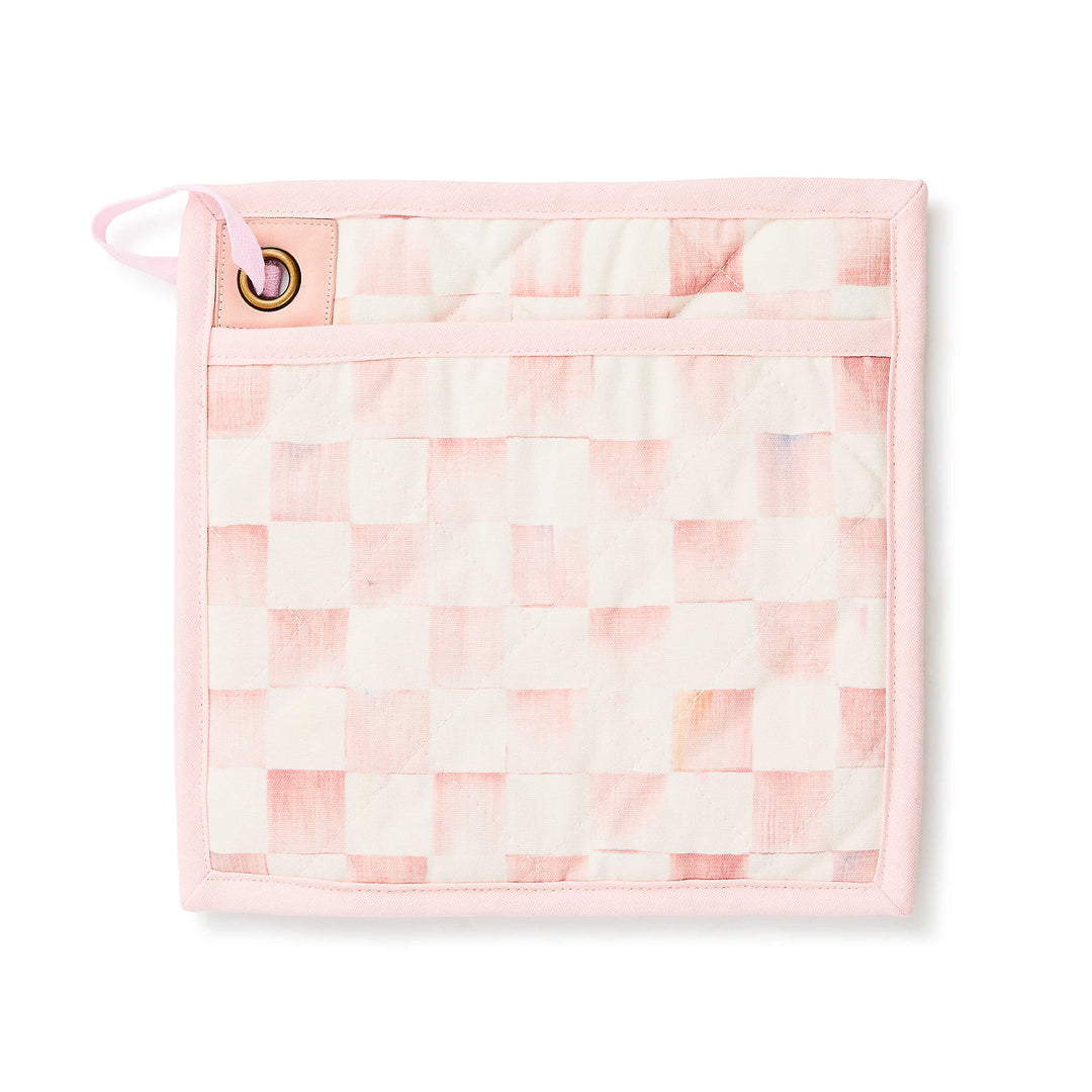Square cotton potholder with a pink and white watercolor checkerboard pattern and a hanging loop.