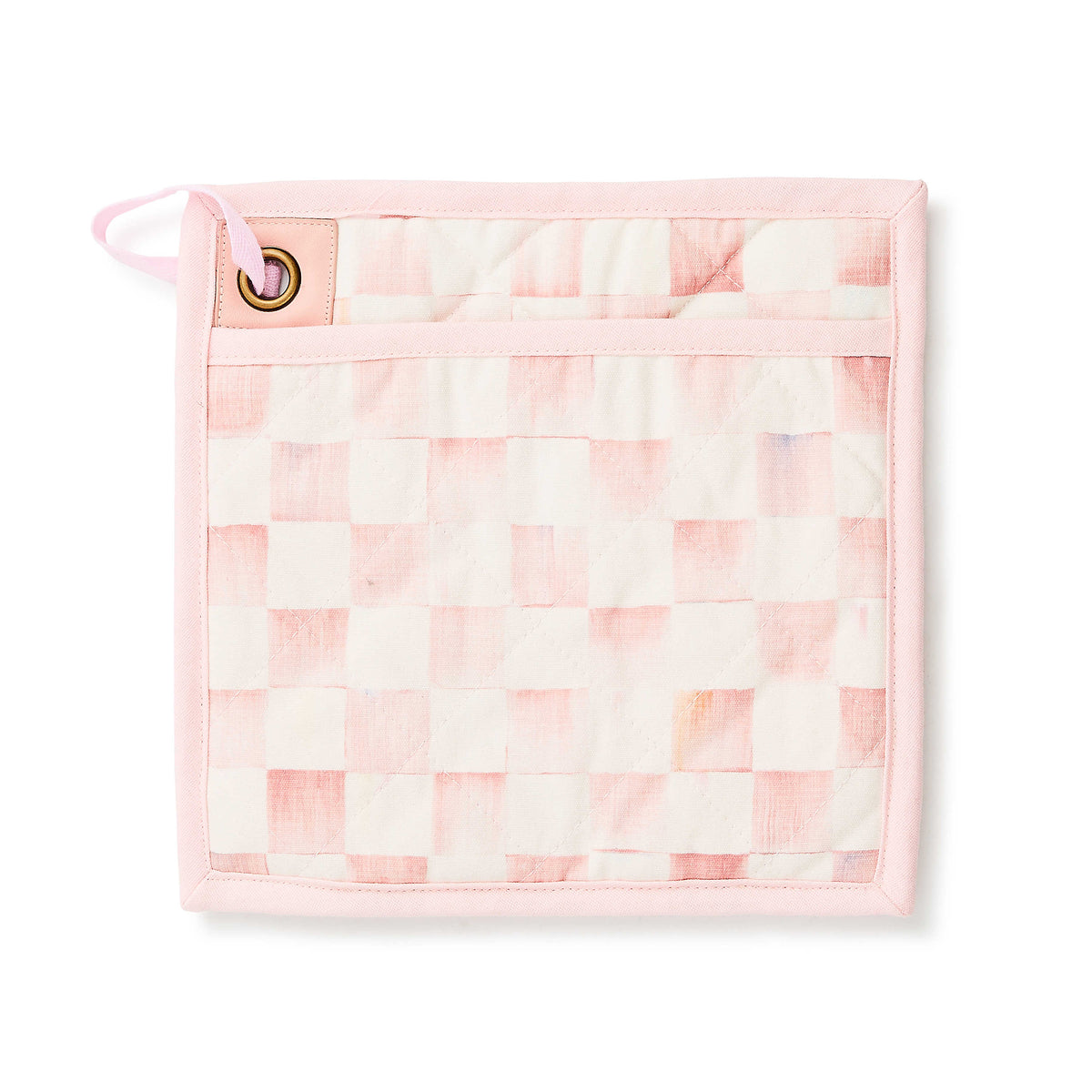 Square cotton potholder with a pink and white watercolor checkerboard pattern and a hanging loop.